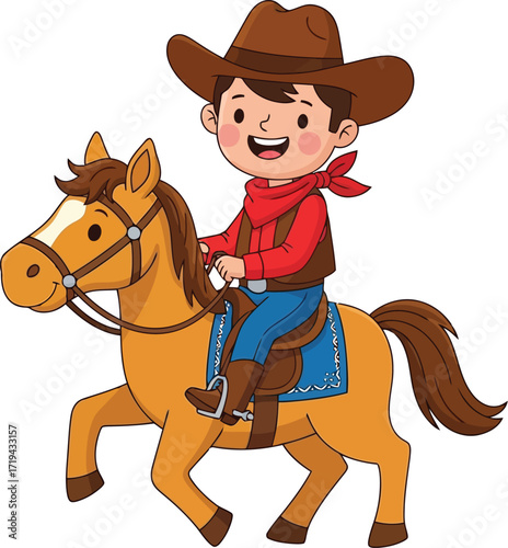 Cute cartoon cowboy boy riding a horse