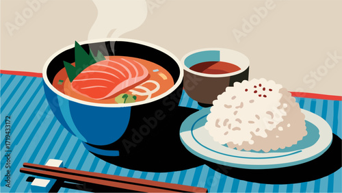 Scandinavian-style Japanese food, rice. Onigiri and side dishes. Simple, minimalist illustration. Japanese cuisine. Thoughtful living.
