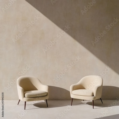 Two white chairs are sitting next to each other in front of a white wall. The chairs are facing each other, creating a sense of intimacy and conversation. The room is well-lit