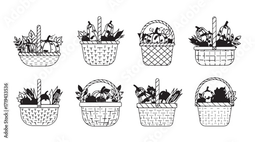 Harvest autumn baskets filled with pumpkins gourds and fall foliage decorations silhouette