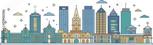 Stylized city skyline illustration, historical and modern architecture, teal and beige tones, urban design, decorative sky elements, whimsical buildings, artistic rendering