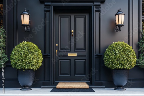 A stately black front door of a classic home, highlighted by lush green topiary and elegant lighting fixtures.