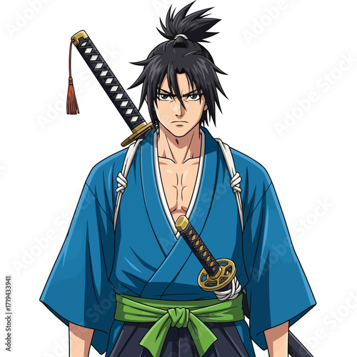 Anime samurai warrior with katana sword, wearing blue kimono and green sash