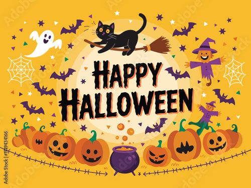 Halloween celebration illustration, spooky pumpkin ghost scarecrow bat design, orange festive background, holiday party graphic, seasonal vector clipart, trick treat