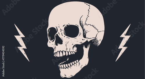 Death Skull. Halloween card. Retro hand drawn skull, pirate flag, Halloween design. Vintage poster with black skull skeleton on background for celebration Halloween. Vector Illustration