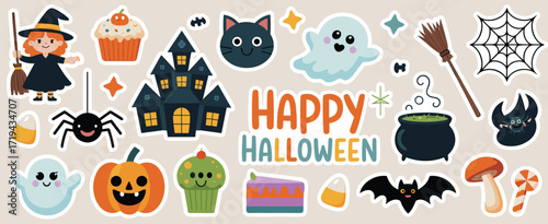 Halloween cartoon illustration, witch ghost cupcake pumpkin haunted house candy corn, festive spooky design, holiday celebration graphic, colorful vector clipart