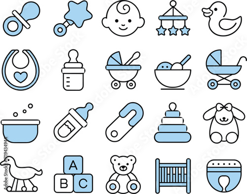 Collection of baby and infant care line art icons with blue accents pacifier rattle