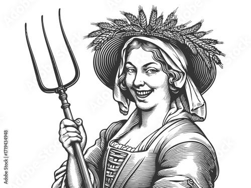 cheerful farm woman holding a pitchfork, wearing a wide-brimmed hat decorated with wheat stalks and traditional rustic clothing sketch engraving generative ai vector illustration. Black and white.