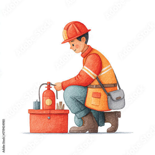 A construction worker in a safety vest and hard hat inspects a fire extinguisher.