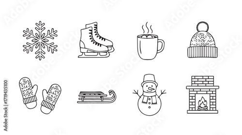 Collection of winter themed icons including snowflake ice skates hot drink mitten sled snowman fireplace silhouette