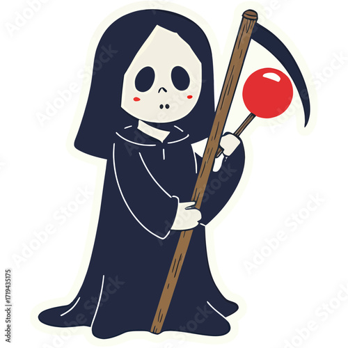 A tiny grim reaper holding a lollipop instead of a scythe | witch with a lollipop | halloween witch with lollipop | halloween witch with a skull | girl with a lollipop | little witch with broom | litt