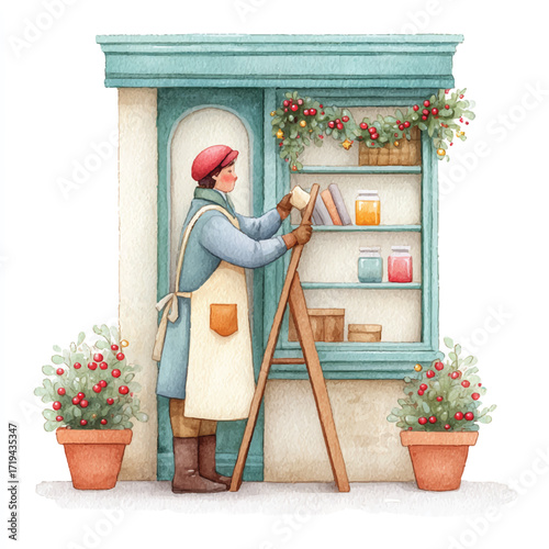 A person on a ladder arranging items on a shelf.