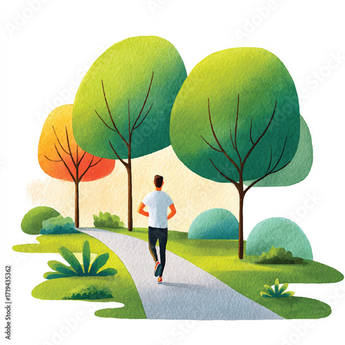 A person jogging on a path in a park, surrounded by trees and bushes.
