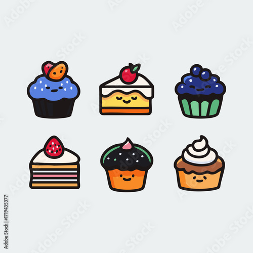 Cute Cupcake Cartoon Vector Set