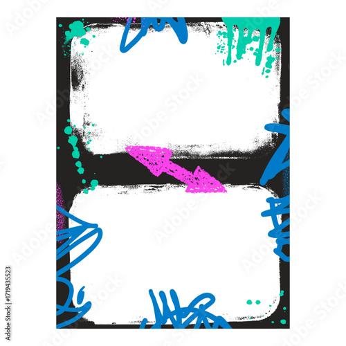 Grunge diptych frame template with blue and green arrow and aerosol paint. Graffiti spray background. Border with airbrush. Vector hip hop wall cadre.