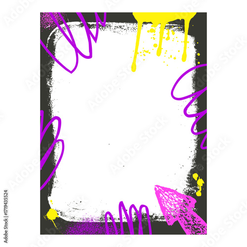 Grunge graffiti photo frame template with yellow and purple arrows and aerosol paint. Border with airbrush. Vector hip hop wall cadre.
