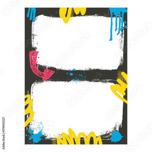 Grunge double photo frame template with arrow and aerosol paint. Graffiti spray art layout background. Border with airbrush lines. Vector hip hop cadre.