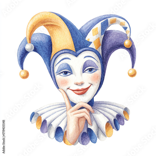 A watercolor illustration of a jesters head with a playful expression.