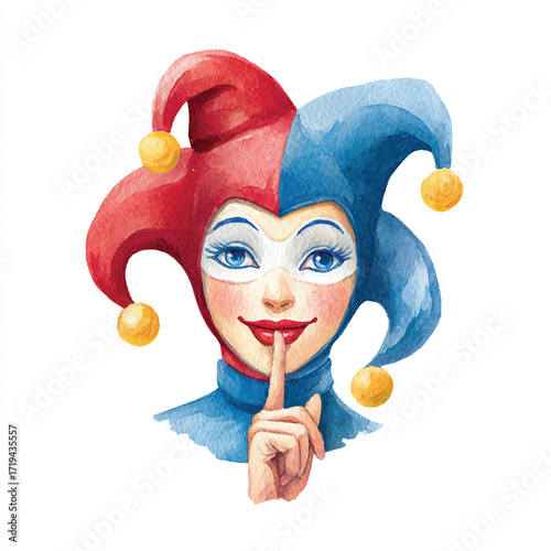 A watercolor painting of a jester with a red and blue hat and a finger to its lips.