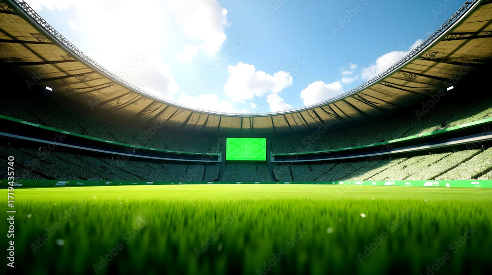 Fototapeta premium Modern football stadium with green field and electronic scoreboard under open sky. Concept sports arena ready for a major event