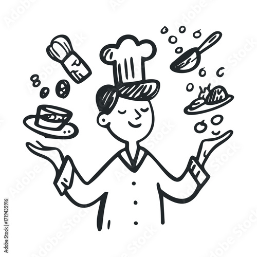 Chef juggling dishes in a playful kitchen setting for culinary art. Vector illustration
