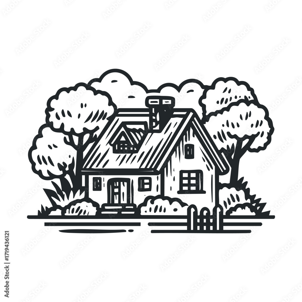 Fototapeta premium Charming cottage surrounded by trees in a serene landscape setting. Vector illustration