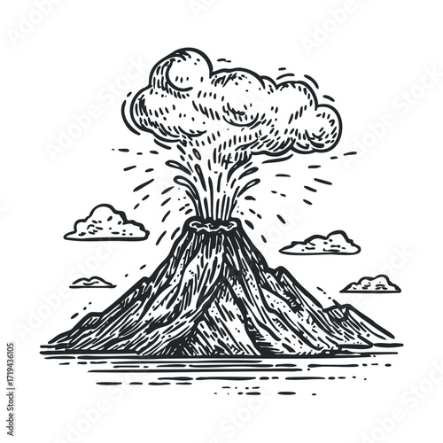 Volcano erupts, spewing smoke and ash into the landscape. Vector illustration
