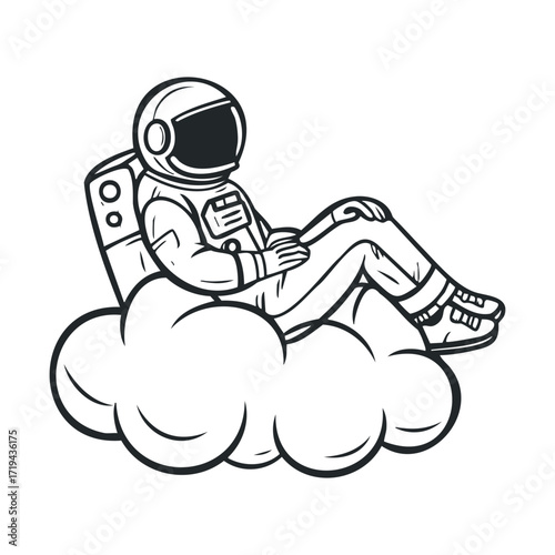 Astronaut relaxing on cloud in whimsical outer space concept. Vector illustration