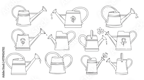 Collection of vintage and modern garden watering cans in outline style for outdoor gardening silhouette
