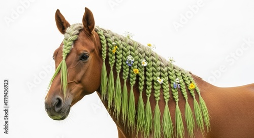 A beautiful chestnut horse with its mane intricately braided with green ribbons and adorned with small wildflowers.
