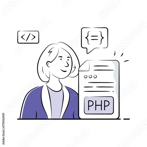 Hand drawn illustration of a coder developing PHP application with coding window and software tools.