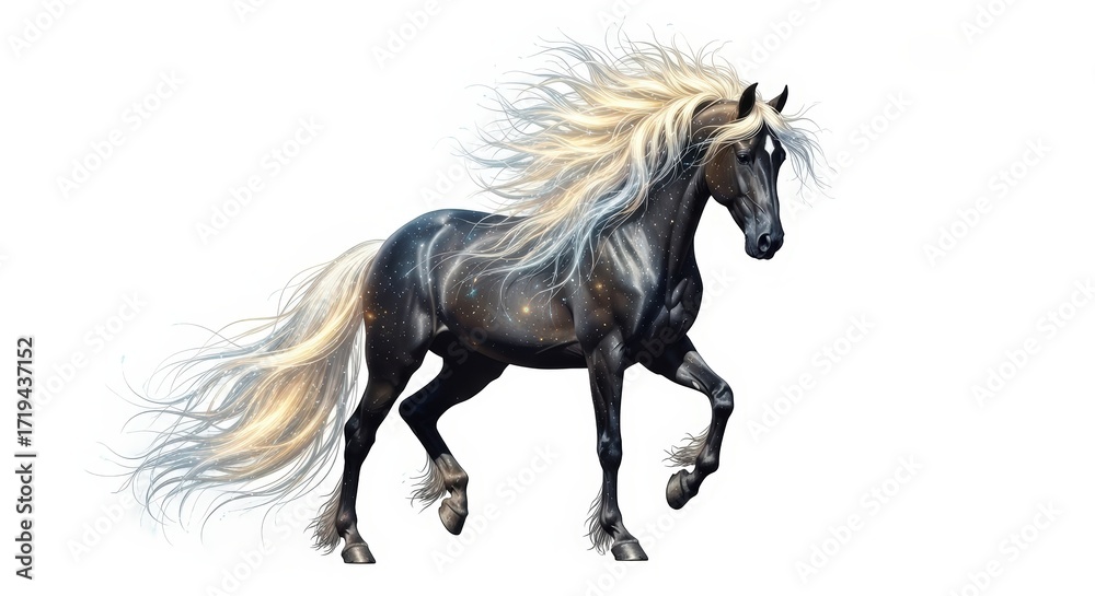 Obraz premium A majestic black horse with a flowing white mane and tail, captured in a dynamic pose against a white background.