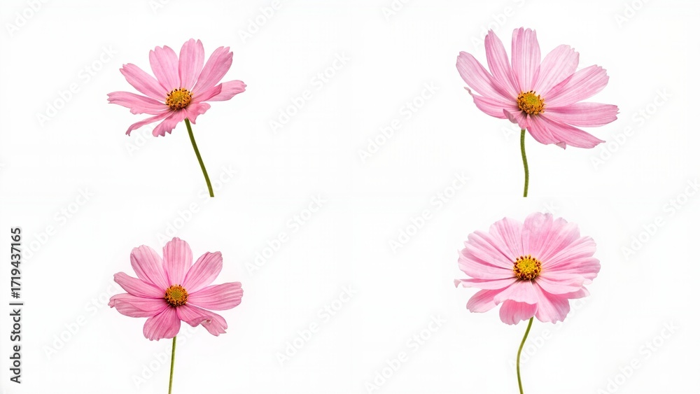 Naklejka premium Three pink flowers on a white background emotion colorful creative composition figure expression movement scene motion cartoonish layers depth gesture design backgrounds illustration