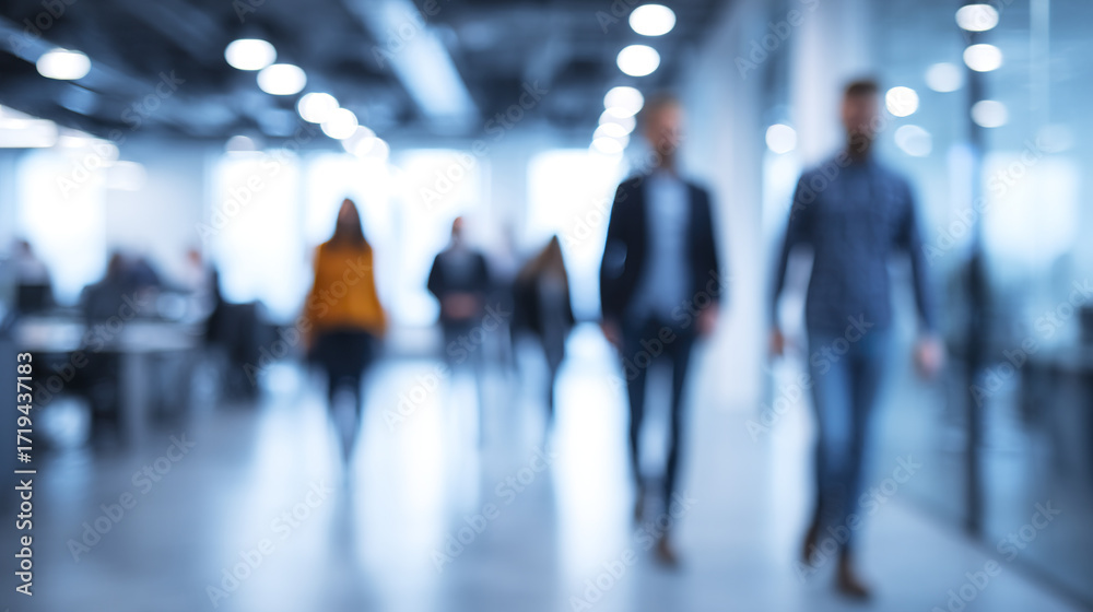 Fototapeta premium Blurred business office with people walking in casual and formal wear, modern corporate environment with bright lighting and open space creating dynamic and professional atmosphere