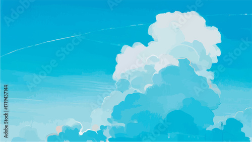 A simple, minimalist illustration of a Scandinavian-style blue sky. Summer vacation. Clear skies. Beautiful weather.