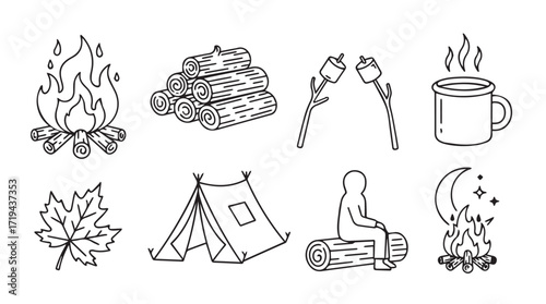 Cozy camping icons featuring bonfire marshmallows tent and maple leaf line art silhouette