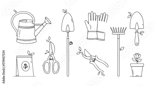 Collection of vintage gardening tools and supplies for outdoor cultivation and planting silhouette