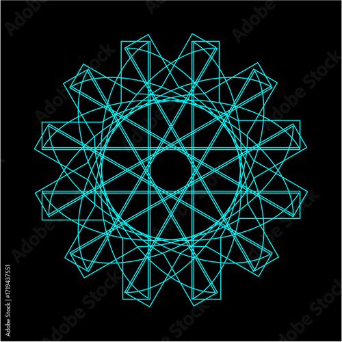 Intricate cyan geometric lines interlace like a luminous mandala, radiating balance, harmony, and cosmic energy against a stark black background of infinite depth.