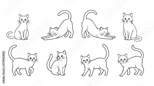 Collection of stylized hand-drawn cat poses showing playful and relaxed feline activities silhouette