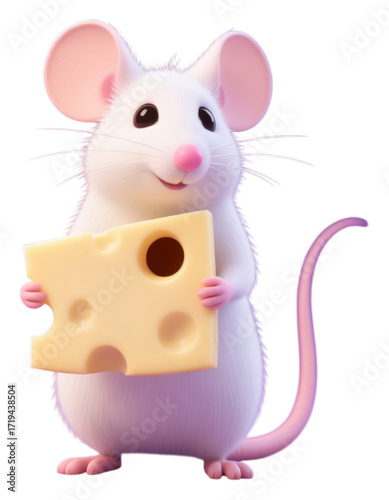 White Mouse Holding Cheese, 3D Realism Illustration with Transparent Background