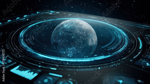 Futuristic Earth hologram interface with digital HUD elements and space background
