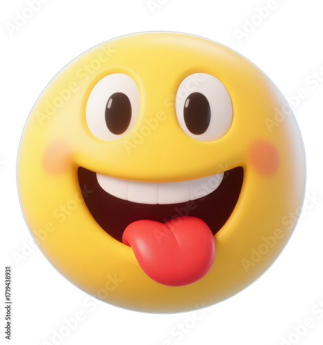 Yellow 3D Smiley Face with Tongue Out, Glossy Finish on Transparent Background, Fun Graphic for Digital Media