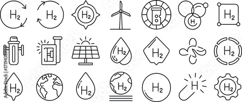 Hydrogen energy and sustainability icons set line art renewable