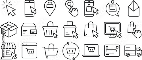 Online Shopping and E-commerce Icons Set Digital Retail and Delivery Symbols illustration