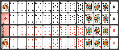 Poker cards. Royal flush in hearts, red ace and kings, gambling game and casino bet concept, playing cards game with 52 card deck. Vector set