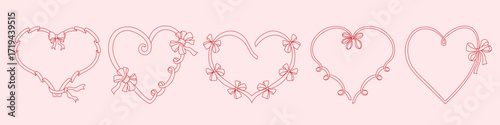 Vintage heart ribbon. Cute sketches of doodle bow frames with ribbons, Valentines day romantic love curly ribbon decoration, elegant bows coquette design. Vector set
