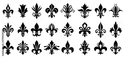Fleurs de lis. Royal French heraldic lily symbols, stylized medieval decorative flower insignia for coat of arms or emblem. Vector lily silhouette isolated set