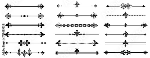 Royal lily border. Ornamental decorative divider frame collection with fleur de lis symbols, elegant vintage flourish stroke design for label certificate diploma. Vector set