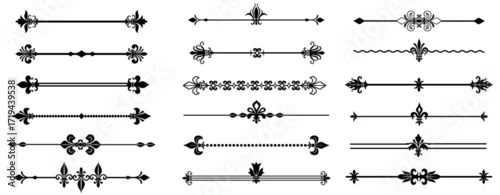 Obraz Royal lily border. Ornamental decorative divider frame collection with fleur de lis symbols, elegant vintage flourish stroke design for label certificate diploma. Vector set