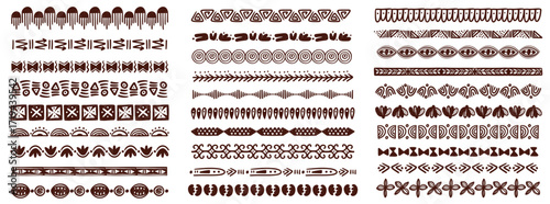 Ethnic African border. Geometric traditional tribe pattern collection, abstract horizontal decorative ornamental shapes and silhouettes. Vector folk drawing isolated set